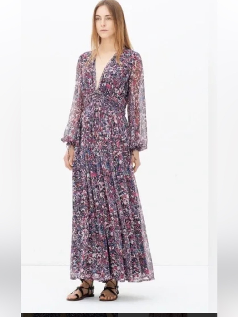 IRO Floral V-Neck Long Sleeve Maxi Dress - Pink & Blue